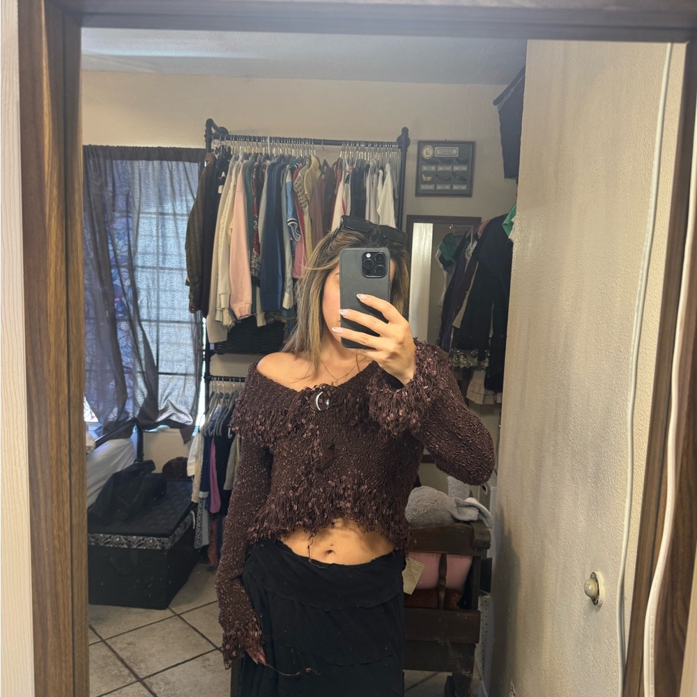 Elegant brown knit fringe cardigan